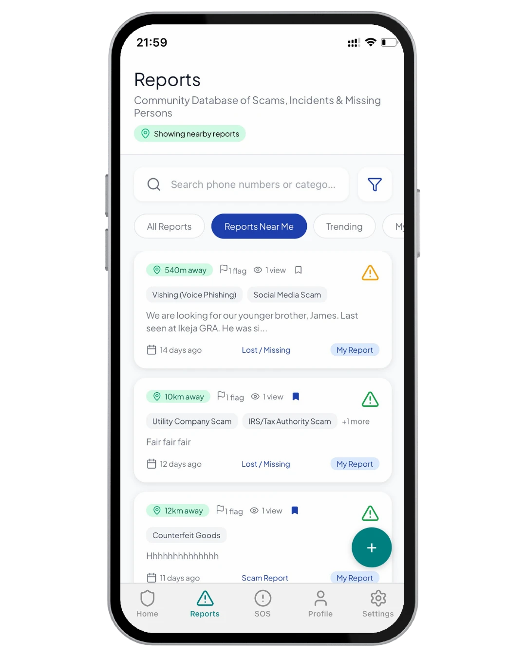Safety reporting app interface